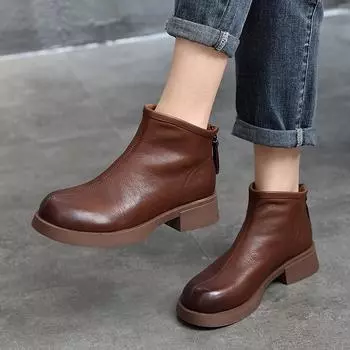 Johnature однотонные короткие ботинки из натуральной кожи, женская обувь, ботинки челси с круглым носком и молнией сзади