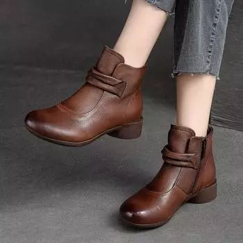 Johnature, однотонные полусапоги в стиле ретро, повседневная женская обувь из натуральной кожи с круглым носком и боковой молнией на низком каблуке 35 чёрный