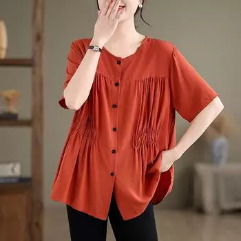 Johnature однотонные простые женские блузки топы повседневные плиссированные свободные универсальные рубашки с круглым вырезом и короткими рукавами на пуговицах