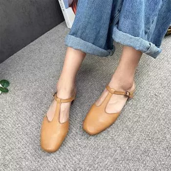 Johnature однотонные сандалии из натуральной кожи с круглым носком, повседневные универсальные женские тапочки 36 бежевый