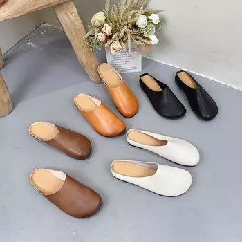 Johnature однотонные тапочки ручной работы из натуральной кожи с круглым носком и мягкой подошвой, женские уличные шлепанцы 35 чёрный