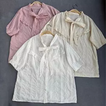 Johnature однотонные топы с бантом, летние повседневные хлопковые женские блузки с оборками и вышивкой в стиле пэчворк