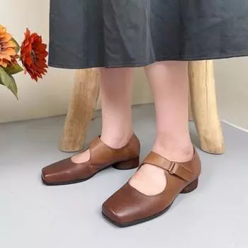 Johnature Однотонные туфли-лодочки из натуральной кожи с квадратным носком, универсальная женская обувь в стиле ретро на низком каблуке 36 тёмно-рыжий
