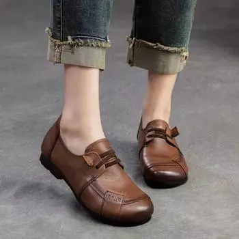 Johnature, однотонные туфли на плоской подошве из натуральной кожи с круглым носком в стиле ретро, универсальная женская обувь без шнуровки из воловьей кожи 35 абрикосовый