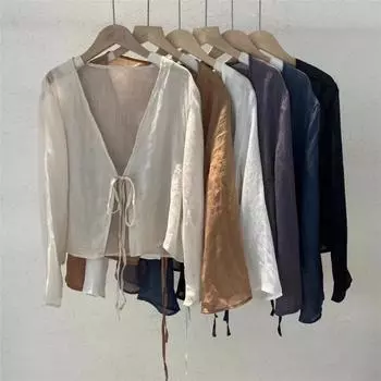 Johnature Оригинальная винтажная льняная рубашка в китайском стиле с уздечкой, летняя женская повседневная рубашка с V-образным вырезом и длинными рукавами One Size бежевый