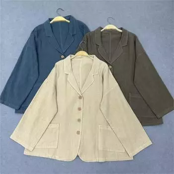 Johnature осень потертые пальто костюм повседневный топ свободный вариант пригородный простой отложной воротник куртки женские One Size синий