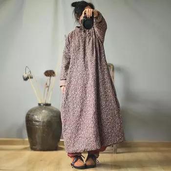 Johnature осень зима ретро цветочный принт пластина пряжка толстые теплые свободные досуг женщины хлопковые платья One Size