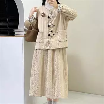 Johnature Осень Зима Японский Патч Хлопок Одежда Женщины Две Части Комплекты Вельвет Повседневный Свободный Комплекты One Size бежевый