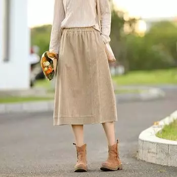 Johnature осень-зима женская мода однотонная стирка винтажная юбка трапециевидной формы винтажная вельветовая юбка XXL бежевый