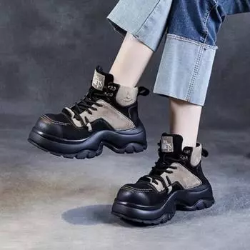 Johnature, осенне-зимние женские туфли на плоской платформе из натуральной кожи, теплые короткие сапоги с круглым носком в стиле ретро на толстой подошве 35 чёрный