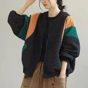 Johnature, осенне-зимняя женская новая модная свободная куртка на молнии с круглым вырезом, контрастная повседневная куртка с длинными рукавами