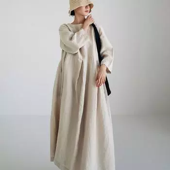 Johnature осеннее корейское женское платье с рукавом три четверти, повседневное свободное женское платье с круглым вырезом и карманами S бежевый