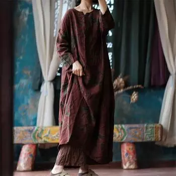 Johnature, осеннее женское стирочное свободное льняное платье с принтом, льняное платье с длинными рукавами, винтажное платье в китайском стиле с круглым вырезом One Size темно-красного