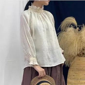 Johnature осенние льняные женские рубашки с оборками и воротником, винтажные однотонные женские блузки с длинными рукавами и пуговицами One Size белый