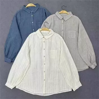 Johnature Осенние японские полосатые рубашки с длинным рукавом, повседневные свободные простые топы с отложным воротником для женщин One Size
