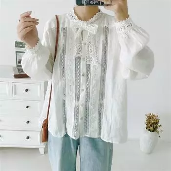 Johnature, осенние винтажные льняные свободные женские топы с воротником-бабочкой, рубашки, однотонные блузки на пуговицах