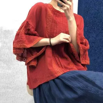 Johnature осенние винтажные льняные женские рубашки с вышивкой и оборками на рукавах, свободная однотонная лоскутная блузка