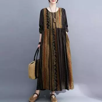 Johnature осенние винтажные народные свободные платья в полоску с принтом для женщин, повседневное платье с круглым вырезом и длинными рукавами, карманами M красный