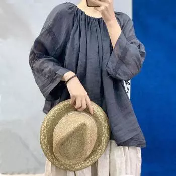 Johnature, осенние винтажные женские льняные однотонные свободные рубашки с рукавами три четверти и оборками, женские блузки One Size синий