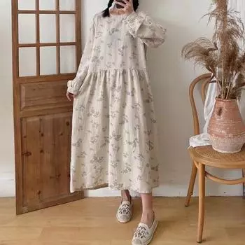 Johnature Осенние винтажные женские платья с принтом, японские свободные женские платья с круглым вырезом и длинными рукавами One Size светло-серый