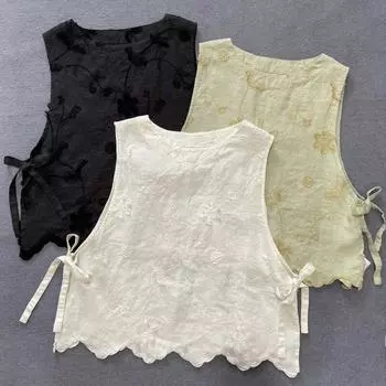 Johnature, осенние винтажные женские жилеты без рукавов с вышивкой, японские универсальные свободные однотонные жилеты с круглым вырезом и завязками One Size белый