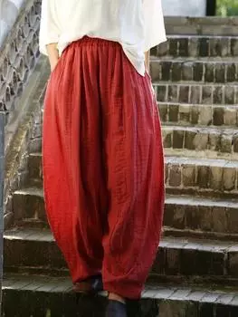 Johnature, осенние женские свободные повседневные хлопковые однотонные брюки, винтажные брюки в китайском стиле One Size красный