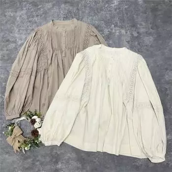 Johnature осенняя кружевная рубашка с длинными рукавами и воздушными вставками, женская повседневная рубашка Mori, свободные осенние женские топы, винтажные блузки One Size темные хаки