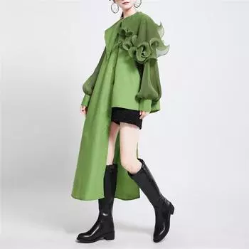 Johnature Осенняя уличная одежда с оборками, длинные нестандартные женские топы, блузки, модные однотонные свободные рубашки One Size зелёный