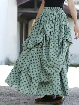 Johnature, осенняя женская хлопковая жаккардовая дизайнерская юбка в горошек, модная складная винтажная повседневная юбка S жёлтый