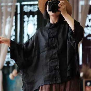 Johnature, осенняя женская модная винтажная повседневная льняная рубашка с длинными рукавами, свободная рубашка с круглым вырезом One Size чёрный