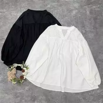 Johnature, осенняя женская рубашка, свободный топ с длинным рукавом, повседневная винтажная хлопковая однотонная женская блузка с v-образным вырезом Mori One Size чёрный