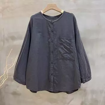 Johnature, осенняя женская свободная хлопковая однотонная рубашка с круглым вырезом и длинными рукавами, винтажная однобортная повседневная рубашка с карманами One Size армия зеленый