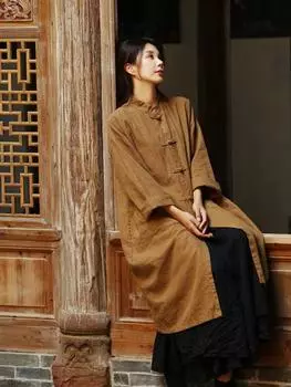 Johnature, осенняя женская свободная льняная винтажная рубашка с воротником, однобортная однобортная рубашка в китайском стиле в стиле ретро One Size бежевый