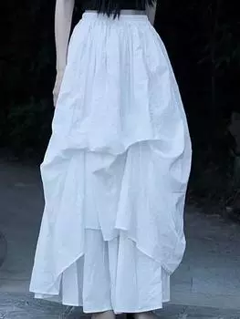 Johnature, осенняя женская юбка в китайском стиле, повседневная однотонная хлопковая винтажная юбка в стиле ретро S чёрный