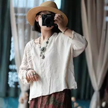 Johnature осенняя женская винтажная хлопково-льняная футболка с оригинальной вышивкой, однотонная футболка с v-образным вырезом и длинными рукавами One Size бежевый