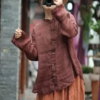 Johnature, осенняя женская винтажная льняная свободная однобортная рубашка, однотонная рубашка с круглым вырезом и длинными рукавами с принтом One Size темно-коричневого