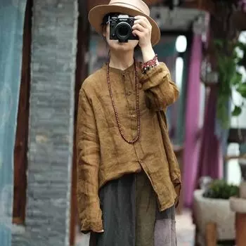 Johnature, осенняя женская винтажная льняная свободная рубашка, модная рубашка с круглым вырезом и длинными рукавами, рубашка в китайском стиле с принтом в стиле ретро One Size темный кофе