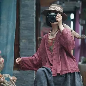 Johnature, осенняя женская винтажная льняная свободная рубашка с v-образным вырезом, модная рубашка в стиле ретро с принтом три четверти One Size темно-фиолетового