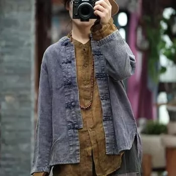 Johnature осенняя женская винтажная рубашка с воротником в китайском стиле с диском и пряжкой, хлопковая однотонная свободная рубашка с длинными рукавами One Size ceil