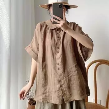 Johnature отложные простые винтажные рубашки, летние однотонные повседневные универсальные женские блузки с короткими рукавами, свободные пуговицы One Size хаки
