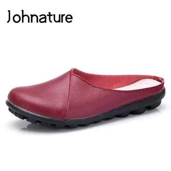 Johnature Outside Натуральная кожа Удобные круглые носки Твердые повседневные швейные женские тапочки Сандалии Плоские туфли Шлепанцы 35 чёрный