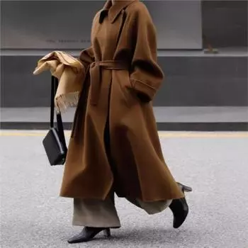 Johnature Пальто на шнуровке с двух сторон зимнее женское корейское длинное пальто средней длины S кофейный