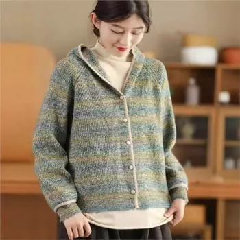 Johnature Personality с капюшоном однобортный свитер женский зимний нишевый свободный модный свитер с длинными рукавами One Size чёрный