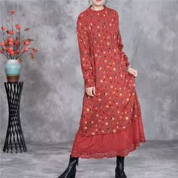 Johnature Платье А-силуэта с винтажным принтом и высоким воротом, женское зимнее повседневное свободное платье нерегулярного кроя с длинными рукавами One Size красный