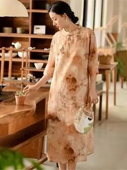 Johnature, платье высокого качества Ramie в китайском стиле, весна-лето, женские платья трапециевидной формы с цветочным принтом и стендом в стиле ретро S жёлтый