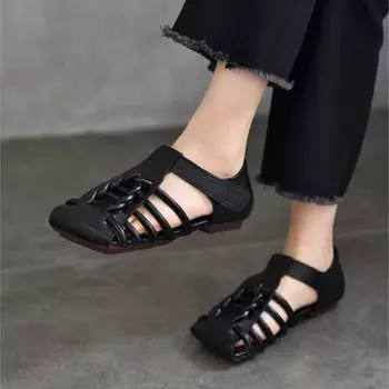 Johnature плетеные римские туфли с квадратным носком, дышащие винтажные сандалии из натуральной кожи, женская обувь на мягкой подошве 35 чёрный