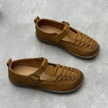 Johnature плетеные сандалии из натуральной кожи с круглым носком в стиле ретро, универсальные женские туфли из мягкой воловьей кожи на плоской подошве