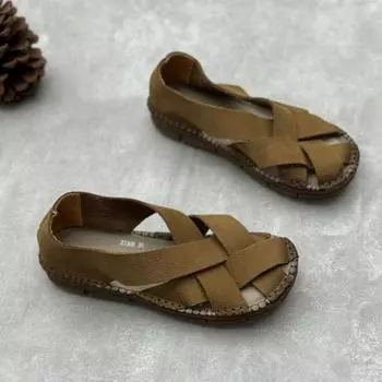 Johnature плетеные сандалии ручной работы из натуральной кожи с круглым носком и плоской подошвой, универсальная женская обувь из мягкой яловой кожи 35 хаки