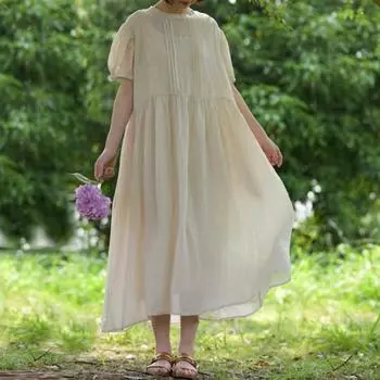 Плиссированные кружевные платья Johnature, летние винтажные лоскутные кружевные простые однотонные легкие удобные повседневные платья One Size розовый