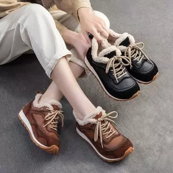 Johnature Plush Warm Retro Lace-Up Cotton Shoes Casual Comfortable Universal Natural Leather Womens Flat Shoes 35 коричневый